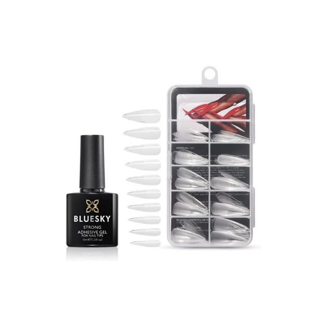 Bluesky Soft Gel Tips Kit with Strong Adhesive - Stiletto. Stiletto Nail Tips and Gel Nail Glue for False Nails. 100 x Full cover False Nails with Glue (Requires curing under UV/LED lamp)