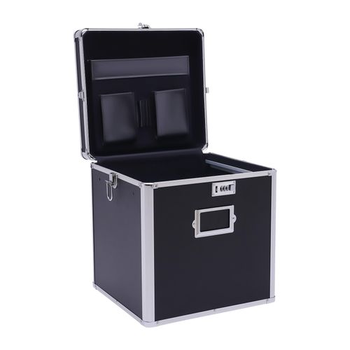 NIENIEE Vinyl Record Storage Box - Locking 50 Album Holder & Organizer - Record Organizer Locking Storage Box - Tabletop Vinyl Record Storage Organizer Box with Handle - 14.4 * 13.4 * 15in (Black)