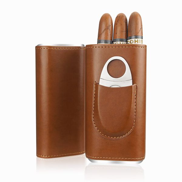 3-Finger Leather Cigar Case with Cutter Cedar Wood Lined Cigar Humidor Portable Travel Cigar Case