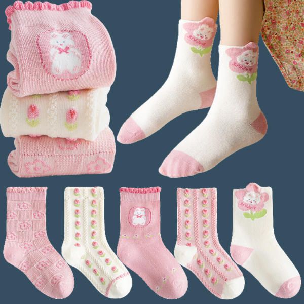 Girls Embo Lace Flower Tulip Blossom Rabbit Pink Pink Frill Baby Toddler Kids Children Socks Set Birthday Favor