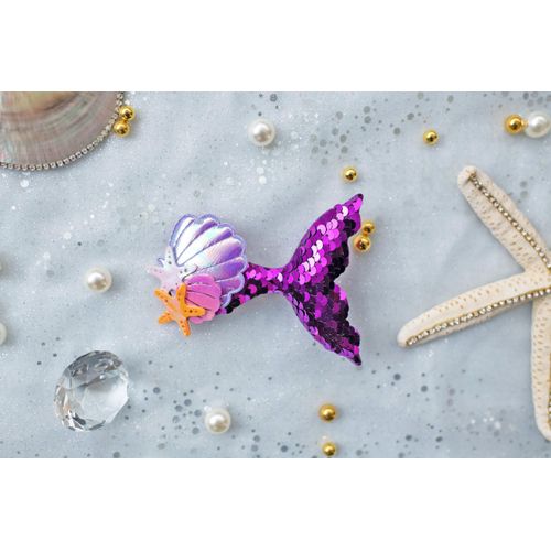 Summer Crystal Sparkling Sequins Mermaid Tail with Starry Shell Hair Clips For Girls - Stylish Hair Accessories for Everyday, Birthday and Parties (3Pcs Mermaid Tail BFV)