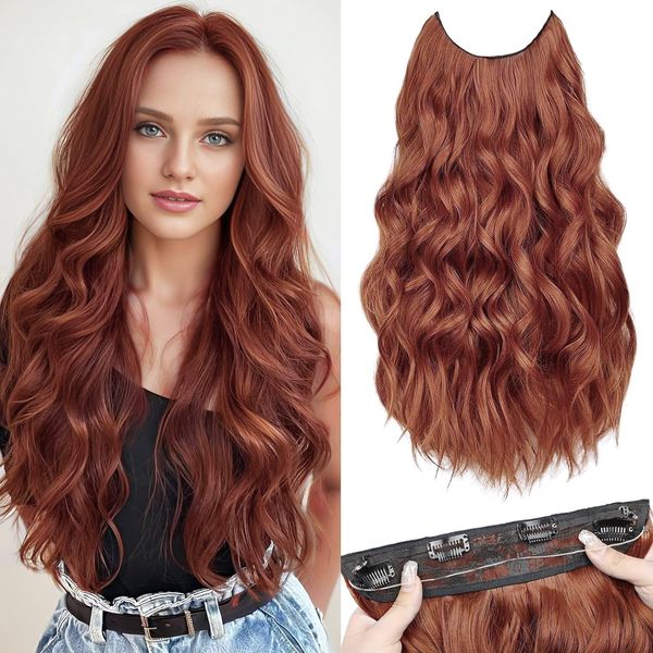 PORSMEER Lange Gewellt Haarverlängerung mit Gummiband kupfer,Invisible Secret 4 Clips in Hair Extensions Synthetik Haare Unsichtbarem Haarteile für Frauen,50 cm(kupferbraun)