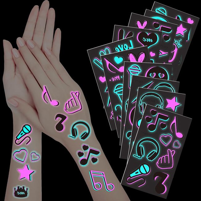 Glow in the Dark Temporary Tattoos, 20 Sheet JUNEBRUSHS Glow Theme Party Tattoos Stickers with Luminous Neon Pink Blue Music Crown Note for Adults Kids Halloween Party Concert Make up Fake Face Tattoo