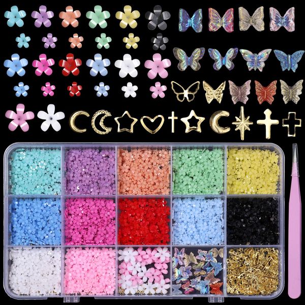 3D Color Tiny Blossom Flowers Nails Charms Kit, Color Butterfly Nail Acrylic Charms, Shiny Gold Multi Shapes Butterfly Flower Moon Star Cross Nail Art Charms DIY Jewel Accessories with Pickup Tool