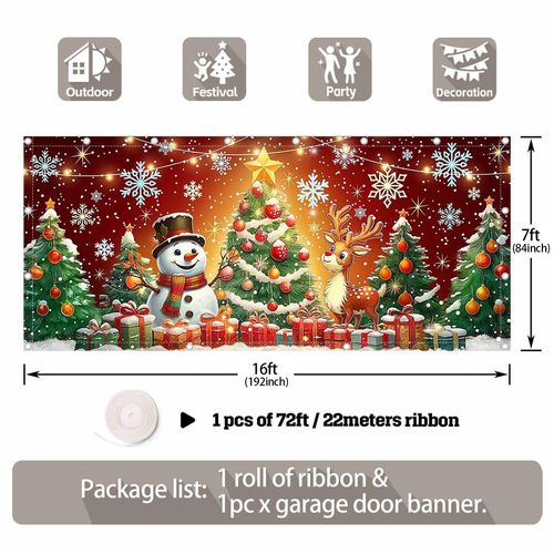 ZTHMOE 1PC 16x7ft Christmas Garage Door Banner Decorations Snowman Xmas Tree Snowflake Gift Photography Backdrop Home Outdoor Indoor Wall Cover Holiday Party Supplies