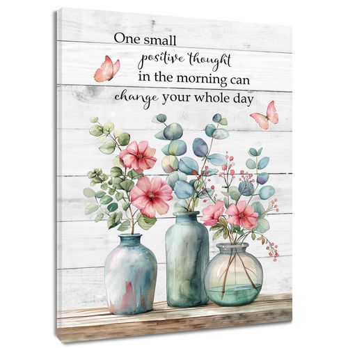ECOTOB Green Eucalyptus Leaf Wall Art, Pink Floral with Green Leaf Butterfly on Rustic Board Wall Decor, Inspirational Quotes Canvas Wall Art for Living Room Bedroom Bathroom, 16L x 12W Inches