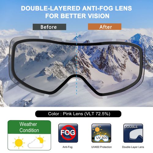 DUDUKING Ski Goggles Anti-Fog Snowboard Goggles Double Lens OTG UV Protection Windproof Snow Goggles Helmet Compatible Ski Goggles for Men and Women (Pink)