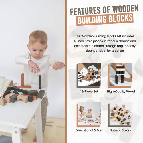 Wooden Building Blocks for Toddlers - Kids Stacking Blocks | 46 Pieces Wooden Blocks | Assorted Shapes Toddler Blocks | Toddler Building Blocks | Wood Blocks for Kids | Wooden blocks for toddlers 1-3