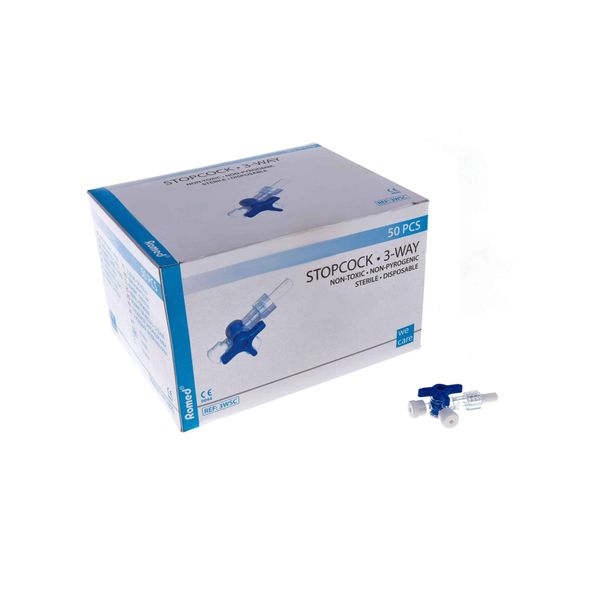 Romed Dreiwegehahn, einzeln steril verpackt, blau, 50 Stück
