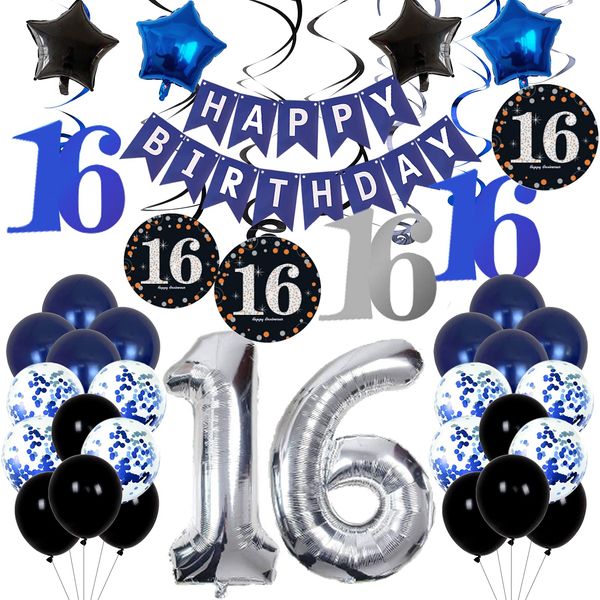 16th Birthday Decorations for Boys and Girls Dark Blue, HAPPY BIRTHDAY Banner Silver Number 16 Balloons, Deep Blue Theme Party for Him - 16 Years Old Birthday Party Supplies Kit for Her