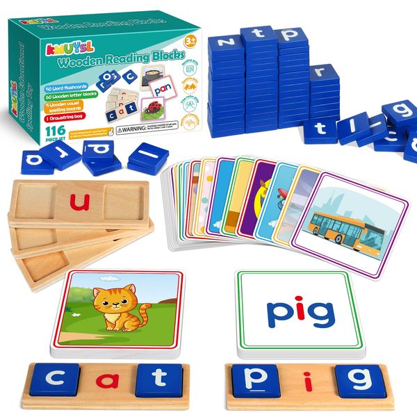 Wooden CVC Reading Spelling Game for Kids, Sight Words Flash Cards for Preschool Kindergarden Learning Activities, Montessori Educational Toys Gifts for 3 4 5 6 Year Old Kids