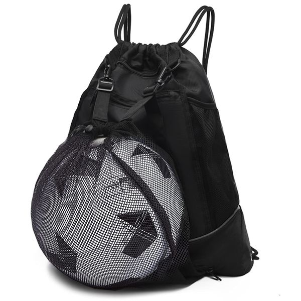 STAY GENT Drawstring Soccer Bag for Boys, Football Backpack Foldable Basketball Gym Bag Sackpack Sports Sack with Detachable Ball Mesh Bag for Volleyball Baseball Yoga, Black