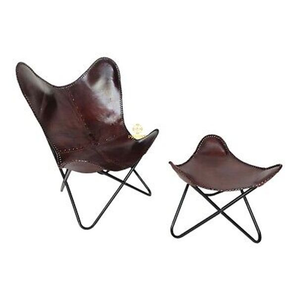 Brown Buffalo Leather Butterfly Chair With Ottoman Footstool Relaxing Chair