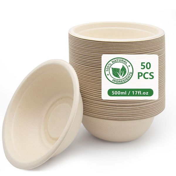 RZMZBY Disposable Paper Bowls Disposable Sugar Cane Soup Bowl Microwave Biodegradable Dessert Bowls Disposable for Party / Household / Picnic Pack of 50