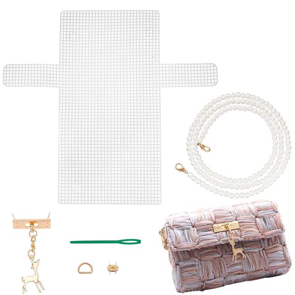 CHGCRAFT 1 Set Mesh Plastic Canvas Sheets Kit with Plastic Imitation Pearl Bag Strips and Alloy Clasps for Bag DIY Crafts Embroidery Cross Stitch, Acrylic Yarn Crafting, Knit and Crochet Projects