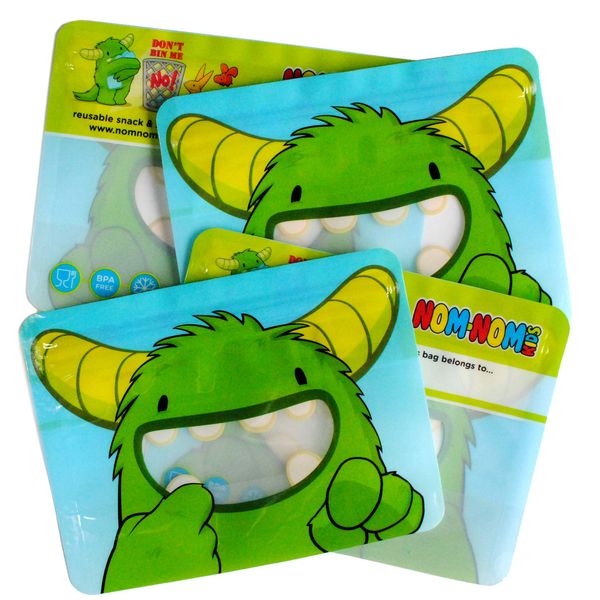 Nom Nom Kids Reusable Sandwich Bags: 4 x Monster Design ziplock Bags for Sandwiches, Bagels, Wraps and Snacks, Freezer Safe and Dishwasher Safe