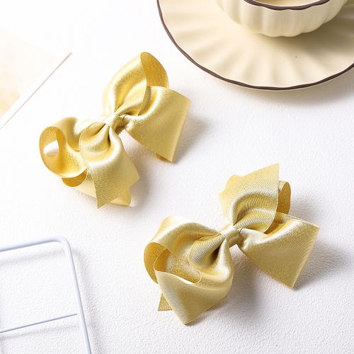 2 Pcs Big Shiny Glitter Light Gold Ribbon Hair Bows Alligator Clips 4" Hand-Made Christmas New Year Gift Wedding Party Dress Decor Accessories for Little Teen Toddler Girls Kids