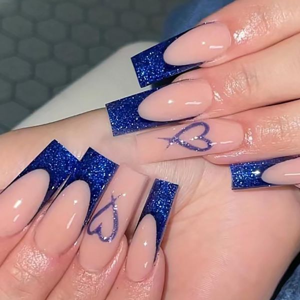 ANDGING French Tip Press on Nails Blue Square Ballet Medium Long Fake Nails Glue on Nails with Hearts Design Acrylic Women False Nails with Glue 24Pcs Gel Stick on Nail for Wedding Birthday KAA687L