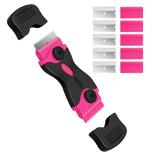 DEKEones Razor Blade Scraper, Double Edged Razorblade Scraping Tool with 10 Pcs Razor Blades, Paint Scraper for Glass, Decals, Tint, Stickers, Labels, Caulk, Adhesive(Pink)