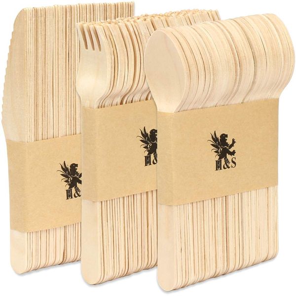 H&S 150pcs Wooden Cutlery Set Disposable Biodegradable Wood Eco Friendly for Picnic Party - 50 Forks, 50 Knives, 50 Spoons