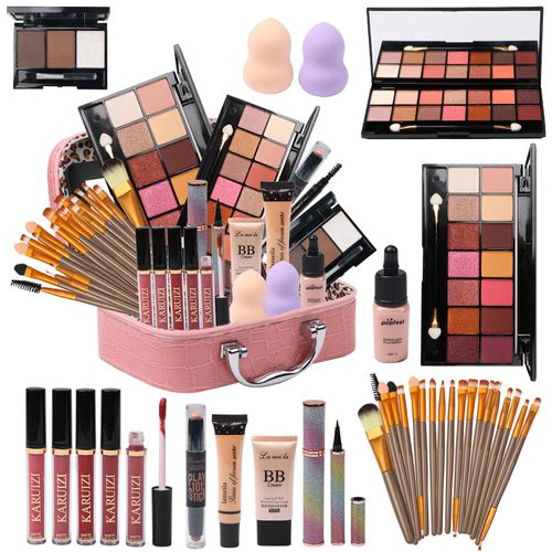 MTDXILTAI All in One Makeup Kit - 2X14 Eyeshadow Palette, Liquid Foundation, Eyeliner Pencils, Contouring Stick, 20pc Makeup Brushes (Pink)