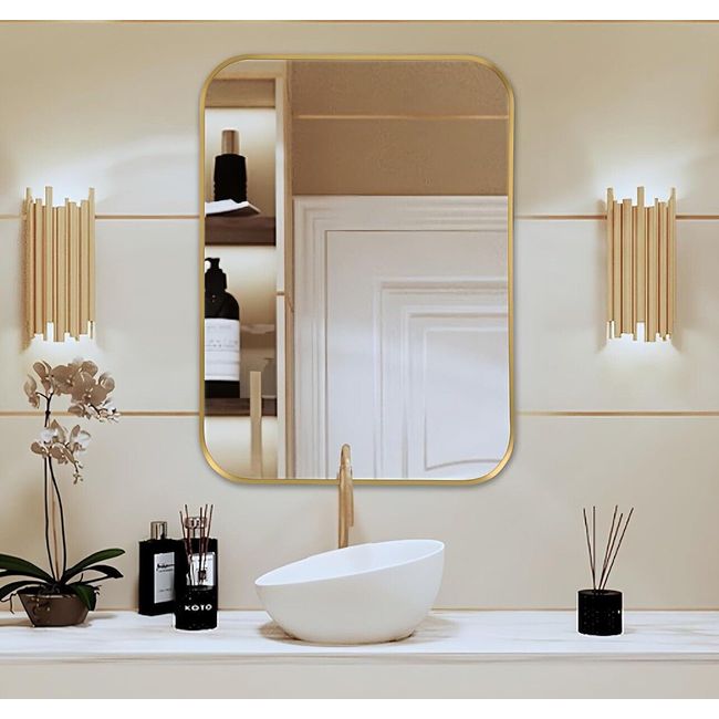 24x36 Inch Gold Bathroom Mirror, Framed Gold Wall Mirror with Rounded Edge