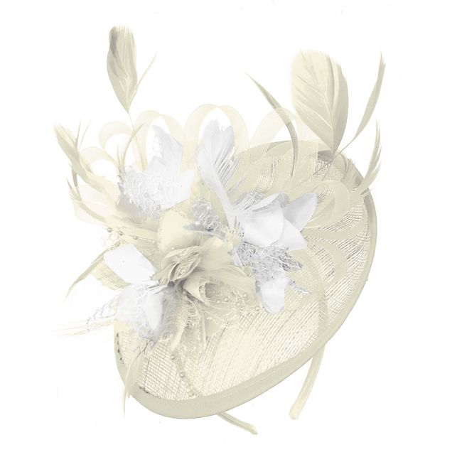 Caprilite Cream Ivory and White Sinamay Disc Saucer Fascinator Hat for Women Weddings Headband