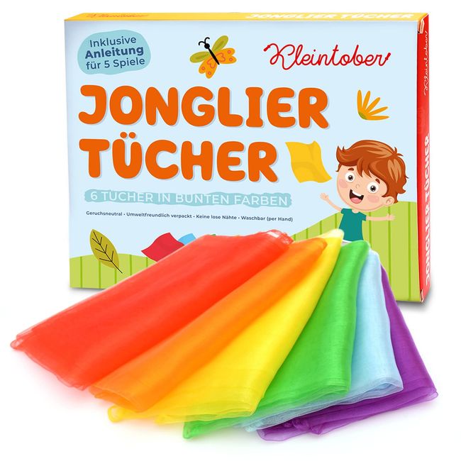 Kleintober Premium Jongliertücher I Bunte Chiffontücher I mit Anleitung für 5 Spiele I Tanztücher I Tücher Spiel für Indoor & Outdoor I Sensorik Spielzeug I Spieltücher I