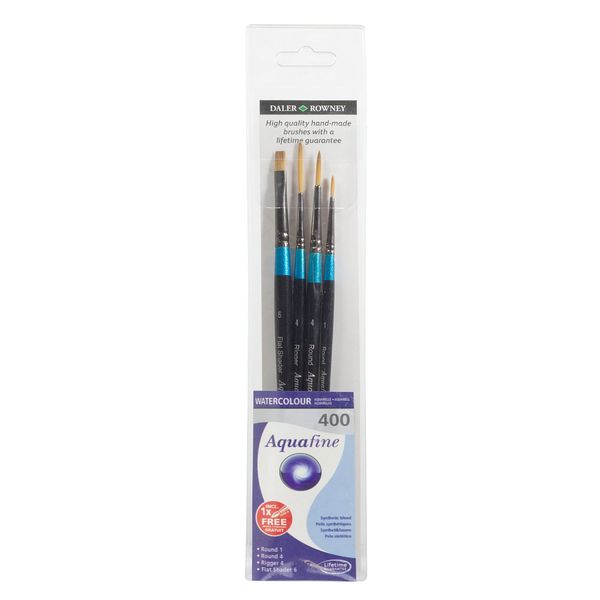 Daler Rowney Aquafine Aquarell-Set aus weichem Kunsthaar, 4 verschiedene Pinsel mit kurzem Griff (rund, Rigger und flacher Shader), ideal für professionelle und Anfänger-Künstler