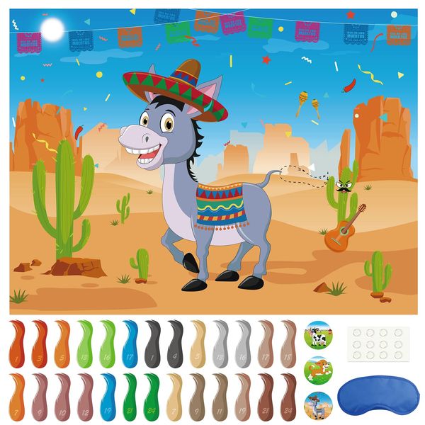 Morcheiong Pin The Tail on The Donkey Game with 48 Tails, Mexican Fiesta Party Favors Supplies Decorations, Birthday Party Game for Kids