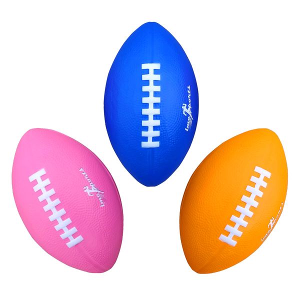 LMC Products Foam Football - 7.25” Kids Football - Soft, Small Footballs for Kids – Toddler Mini Football 3 Pack - Pink, Orange, Blue