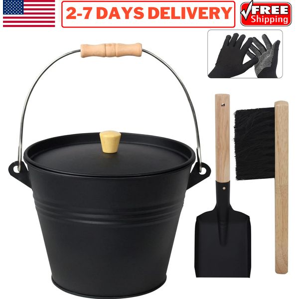 1.26Gal Ash Bucket with Lid Shovel Hand Broom Fireplace Pits Stove Hearth Coal