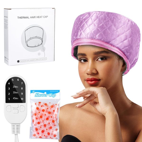 Hair Steamer for Deep Conditioning, Heat Cap for Natural Hair Home use Thermal Steamer 10 Level Heats Up Quickly with Timer Settings Electric Heat Hair Spa Hat(Pink)