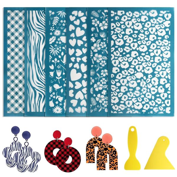 EEEKit 6PCS Silk Screen Stencils for Polymer Clay, 5 * 9 CM Reusable Screen Mesh Stencils Transfer Printing Kit with 2 Scrapers for DIY Polymer Clay Cutters Jewelry Earrings Making Women Mother