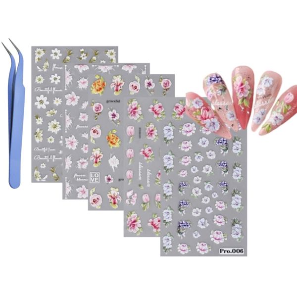 5 Fogli Adesivi Unghie Nail Art Stickers,3D Fiori Unghie Nail Art Stickers con Pinzette, Stickers Unghie Autoadesivi Decorazioni Unghie Nail Art Disegni (5 Fogli stickers unghie nail art fiori)