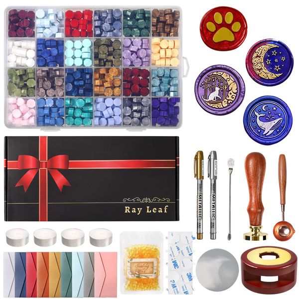 Ray Leaf Sealing Stamp "Luxurious Complete Set" Sealing Wax Set with 4 Sealing Heads and Gift Box Included, Beginner Set, Letters, Invitations, Gifts, Decorations, Instructions Included (Stamp Head B: