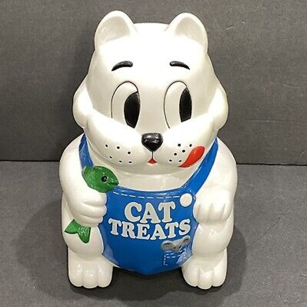 1992 Meowing Cat Treat Jar Hinged Pet Cookie Jar 9” Fun-Damental Too Plastic