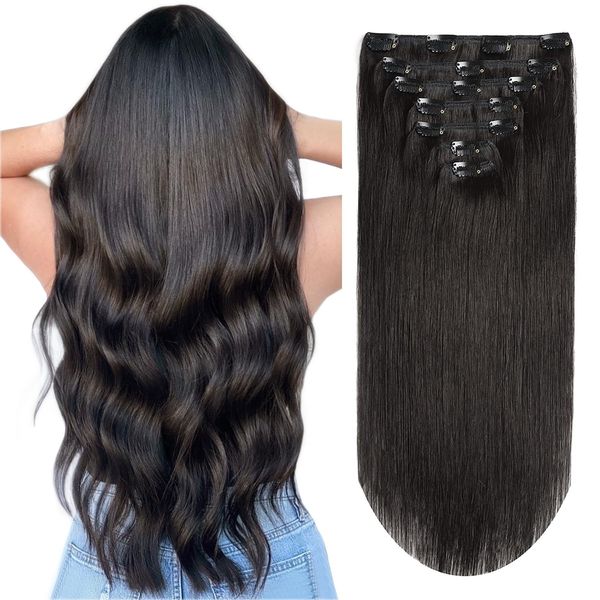 Clip in Hair Extensions Real Human Hair 12 inch Natural Black Hair Extensions 100g Straight Human Hair Clip in Extensions for Women Brazilian Virgin Human Hair Double Weft (12 inch, 7ps,100g)