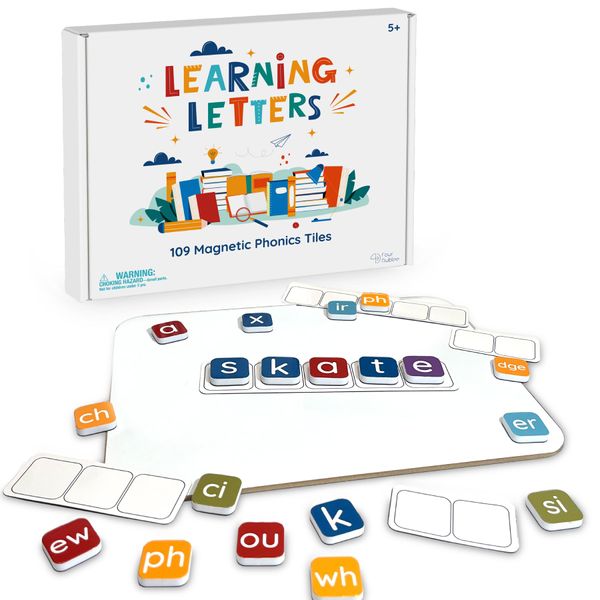 Learning Letters by Four Dublee - 109 Phonics Letter Tiles with Magnetic Spelling Board and Sound Boxes. Includes Letter Tiles Organizer Bags and Storage Box