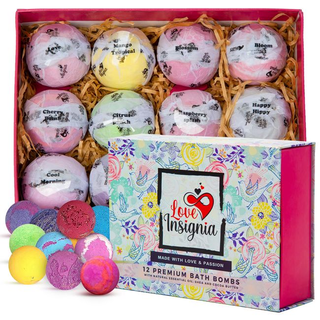 Love Insignia Bath Bombs for Women Relaxing – 12 Pcs Natural Bath Bomb Gift Set with Shea Butter & Essential Oils Gives Spa-Like Experience with Instant Fizzing, Relaxing Bath Bomb Sets for Women Gift