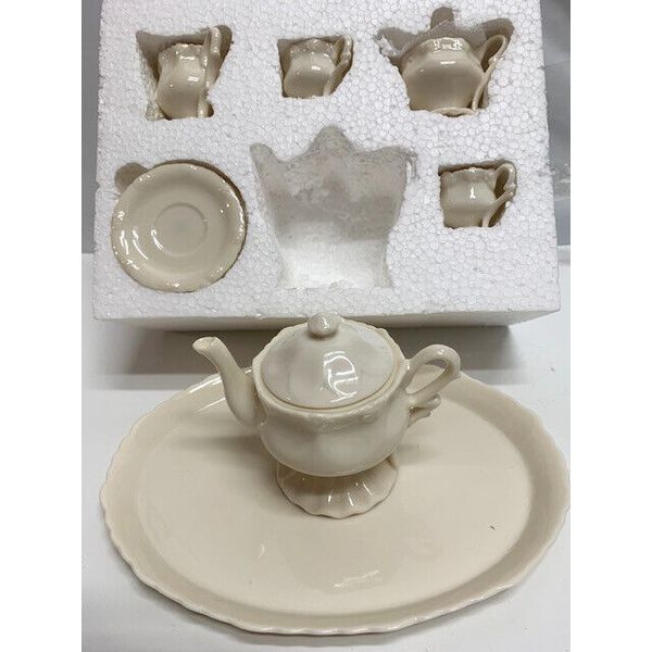 New Child's Size Small Cream Porcelain Fancy Scalloped Base Tea Set & Tray