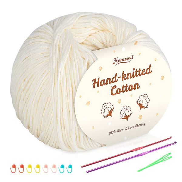 Cotton Yarn Beige 6 Pack, 100% Cotton for Baby Super Soft Children's Milk Cotton - Each Ball 1.76 Oz (50g) with 2 Metal (2.5-3.5mm) Crochet Hooks Baby Fluffy Ball for DIY Knitting