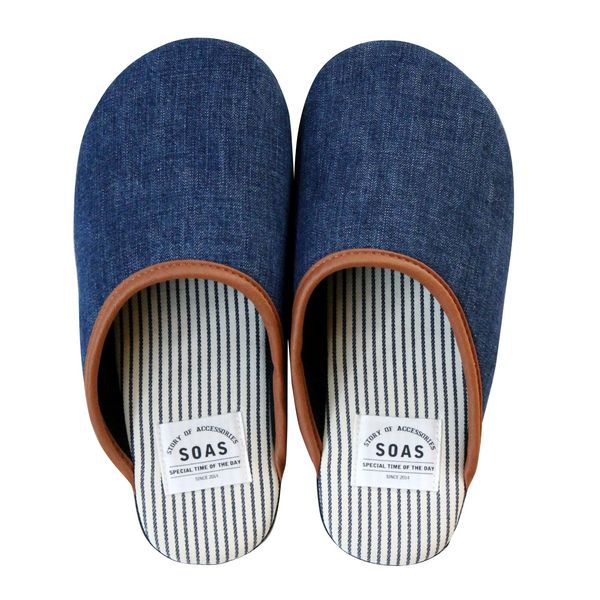 Naka Shoji 730900080-070 Kojima Denim Room Shoes, Size M, Striped Pattern, Navy, Made in Japan