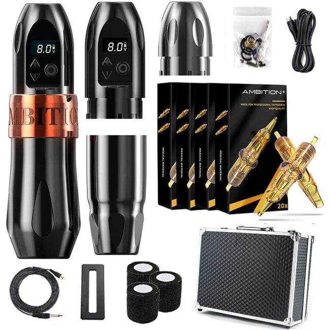 Ambition Soldier Wireless Tattoo Machine Kit Complete Rotary Coreless Motor  Tattoo Pen Kit with Extra 2400mAh Battery 80pcs Glory Mixed Size Cartridge  Needles Supply for Professional Tattoo Artist Gold Kit