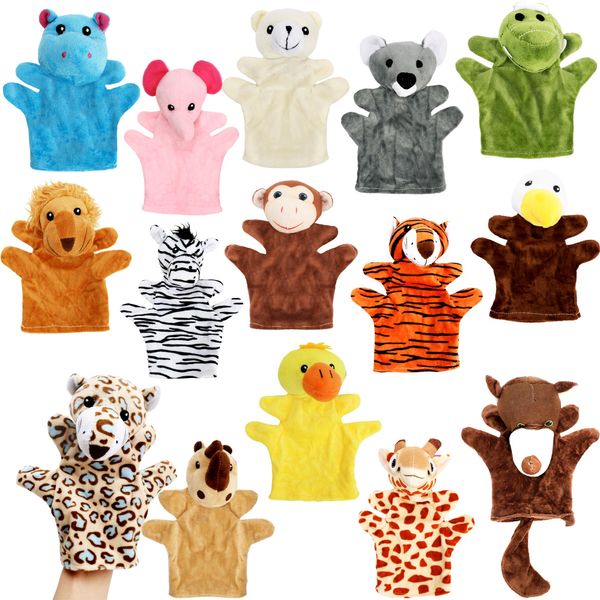 15 Pack Safari Animal Hand Puppet Zoo Plush Animal Hand Puppets Elephant Giraffe Bear Monkey Zebra Stuffed Puppet Toys for Kids Adult Show Theater Telling Story Teaching Role Play