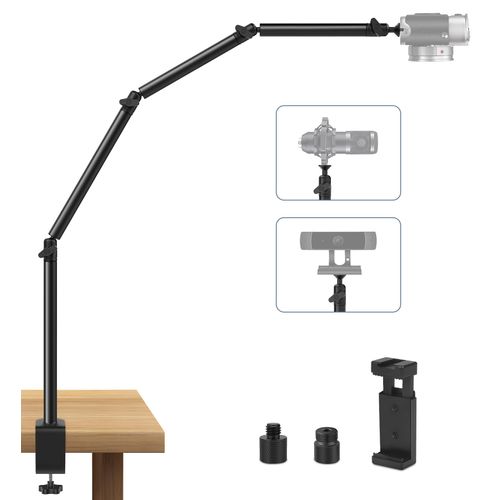 Tinpops Overhead Camera Mount Desk Stand, Flexible Overhead Camera Mount with 3/8'' 5/8'' Screw, C Clamp Tabletop Stand for Podcasting/Ring Light/Blue Yeti Nano/Webcam/Photography Live Stream