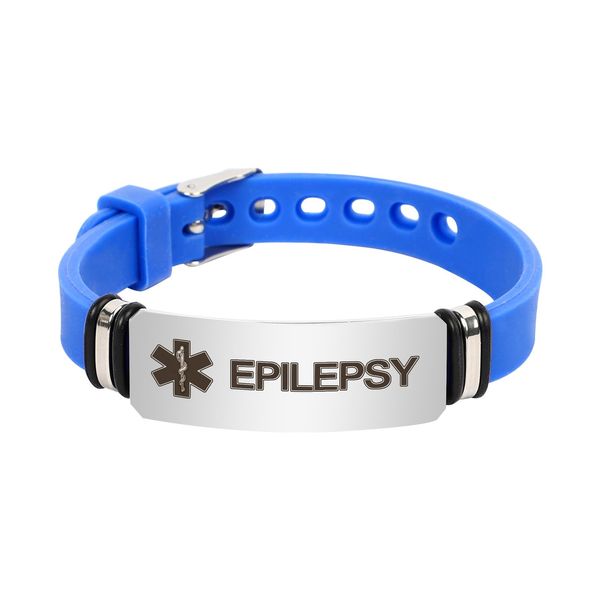 BBXWANG Medical Alert Bracelet Adjustable for Epilepsy Emergency First Aid Stainless Steel Silicone Wristband Bracelets Men Women (blue)