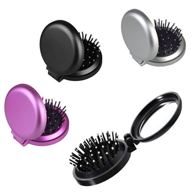 3 Pack Folding Travel Mirror Hair Brush with Mirror, Hairbrush Portable Hair Comb, Round Pocket Hair Brush Mini Round Folding Comb for Travel Girls and Women, (Black + Silver + Purple)