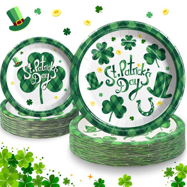 St.Patrick's Day Paper Plates 40 Counts, 23cm(9inch) and 18cm(7inch) Paper Plates St Patricks, Green Shamrock Lucky Day Disposable Paper Dishes Dinner Dessert for St Patricks Irish Party-20 Guests