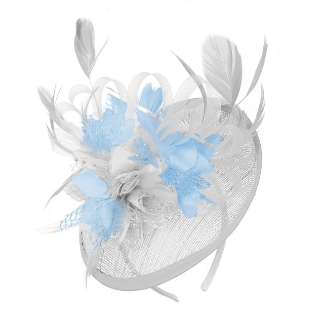 Caprilite White and Light Blue Sinamay Disc Saucer Fascinator Hat for Women Weddings Headband